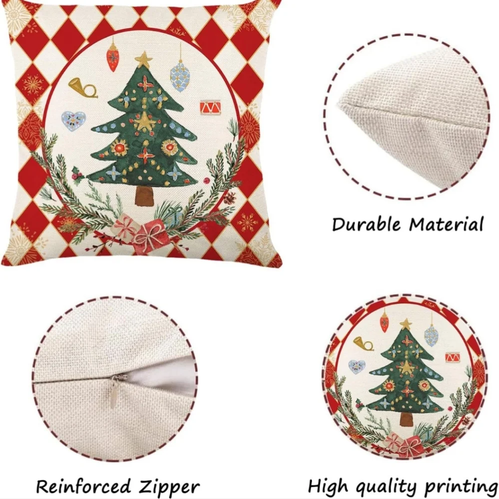 Merry Christmas Joy Xmas Trees Red Throw Pillow Covers, 18 x 18 Inch Christmas W